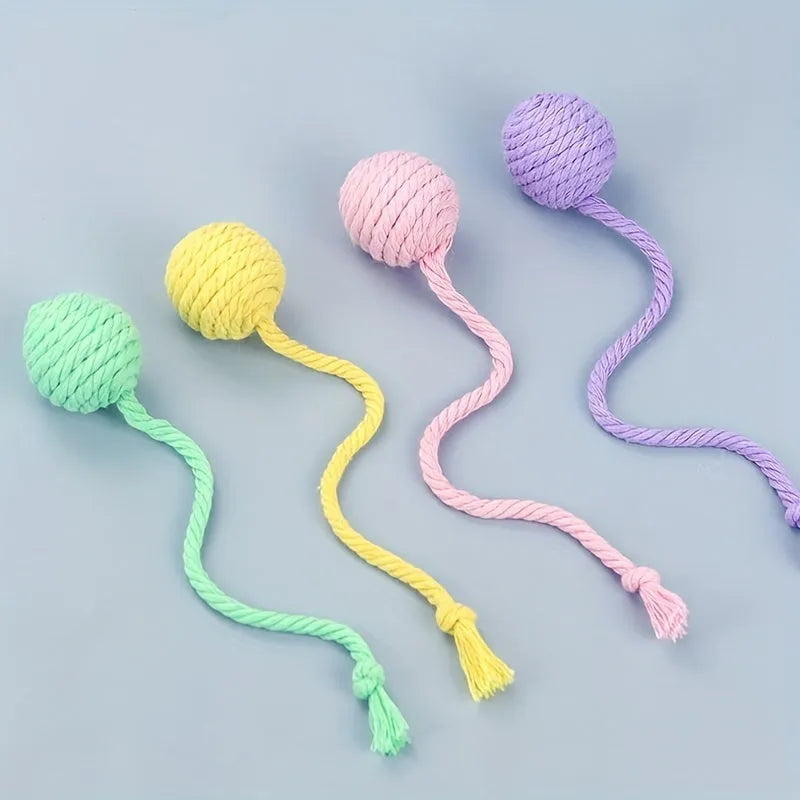 Colourful cat toy ball with attached rope and internal bell in green, pink, purple, and yellow options