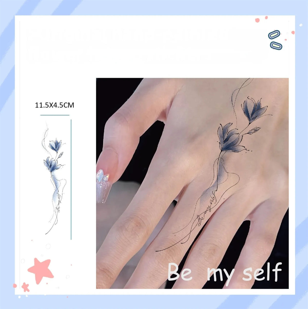Colourful floral arm tattoo transfer sticker 11.5x4cm with Be My Self Be Yourself wording