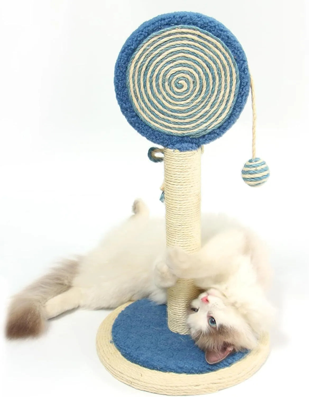 Blue cat scratching post made of natural sisal with a hanging ball on a stable white base.