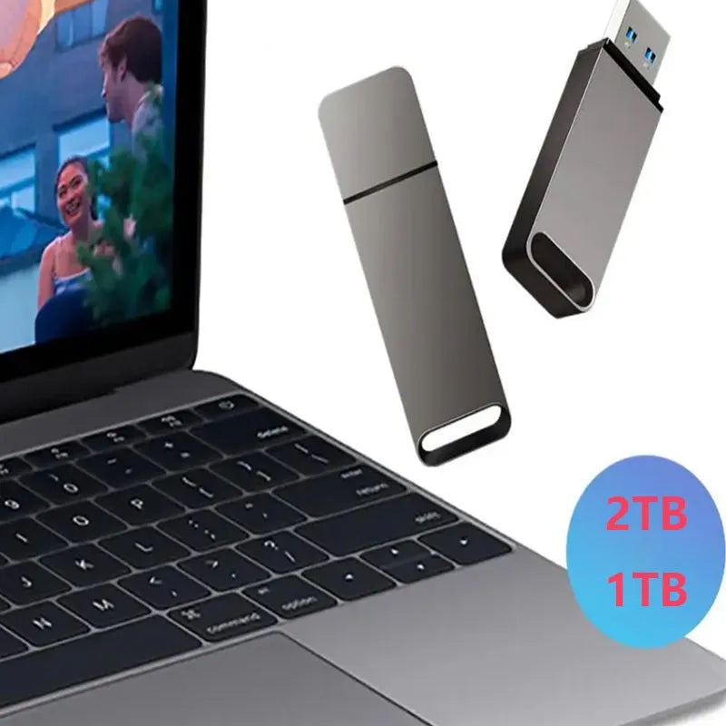 Creative metal USB flash drive in black, red, or silver, showing capacity options from 1TB to 16TB.