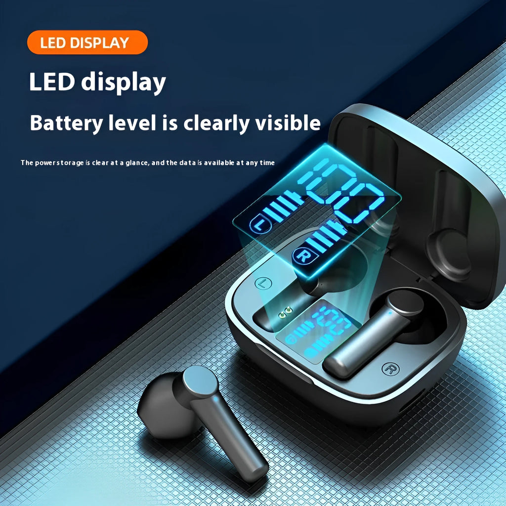 Wireless Bluetooth sports earbuds with digital display charging case in black colour