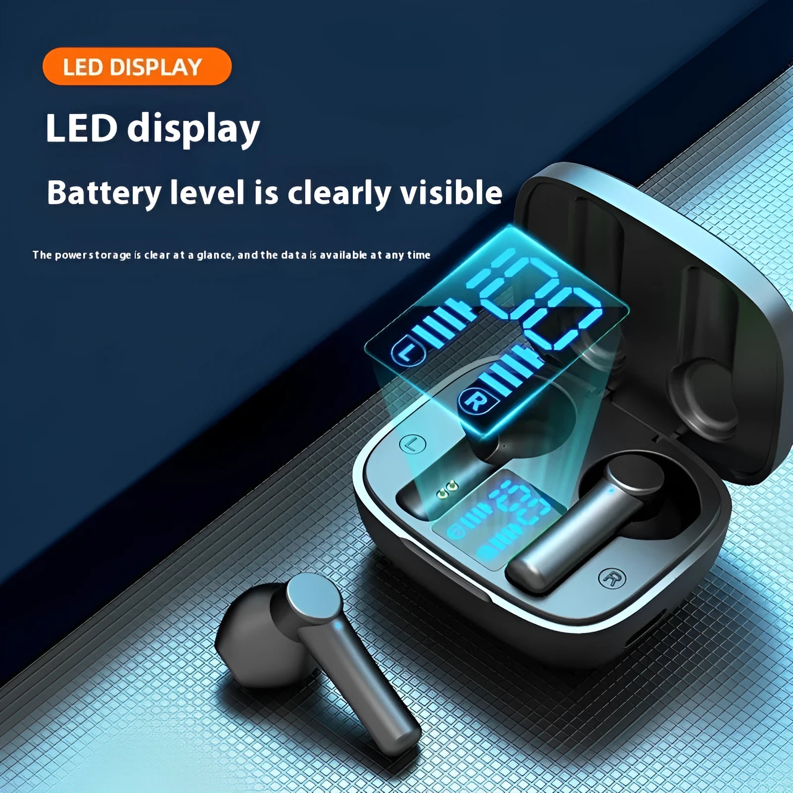 Wireless Bluetooth sports earbuds with digital display charging case in black colour