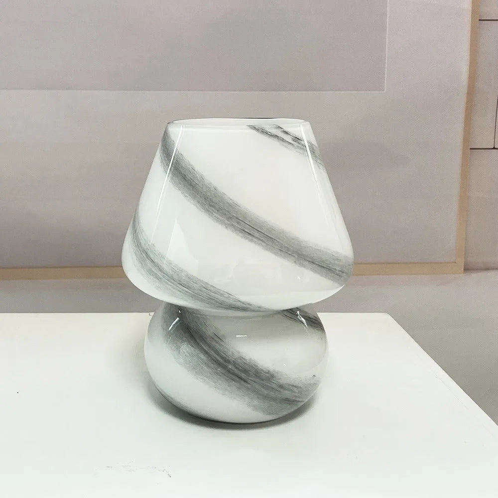Handmade glass mushroom table lamp in Earth colour with E27 base on bedside table