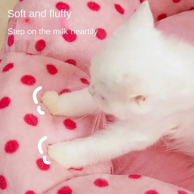Pink dot pattern fabric cat nest bed in circular design showing two size options for pets up to 20 pounds