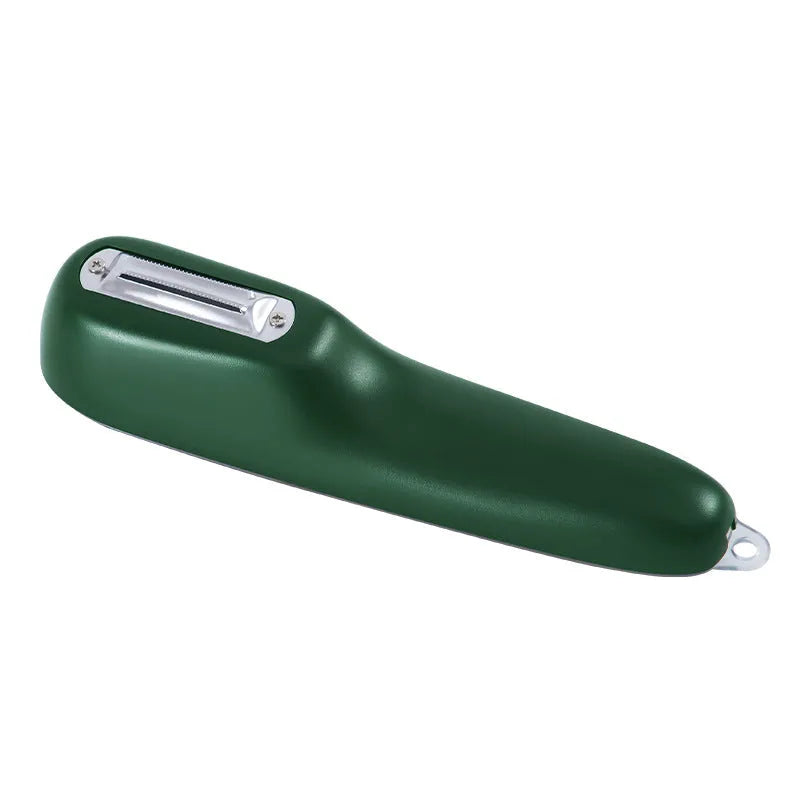 Dark green kitchen peeler with stainless steel blade inside its clear plastic storage tube