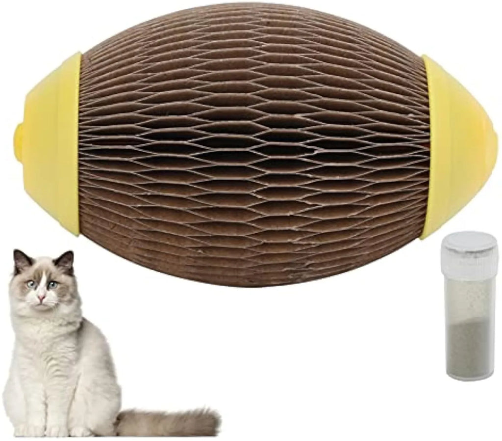 Elliptical football‑shaped cat toy made from brown recycled corrugated paper, shown next to a ball of catnip.