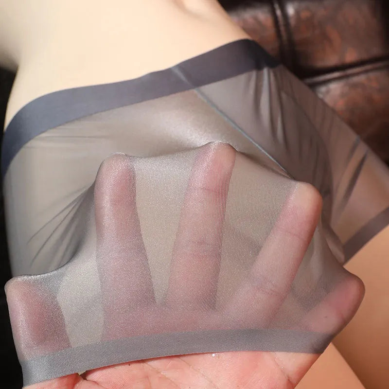 Men's ultra-thin transparent boxer briefs in ice silk nylon showing colour options