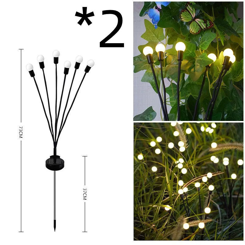 Solar-powered LED firefly ground lamp with multiple heads and ground spike for garden installation
