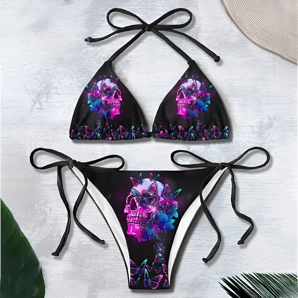 3D printed lace up bikini set for summer with graphic customisation, sleeveless top and pants in colour BAD82