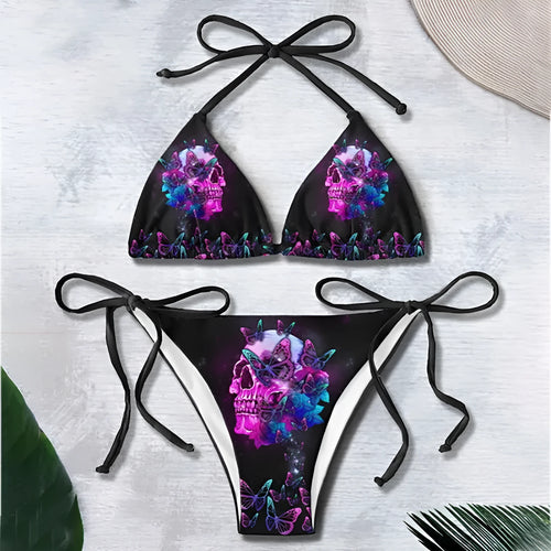 3D printed lace up bikini set for summer with graphic customisation, sleeveless top and pants in colour BAD82