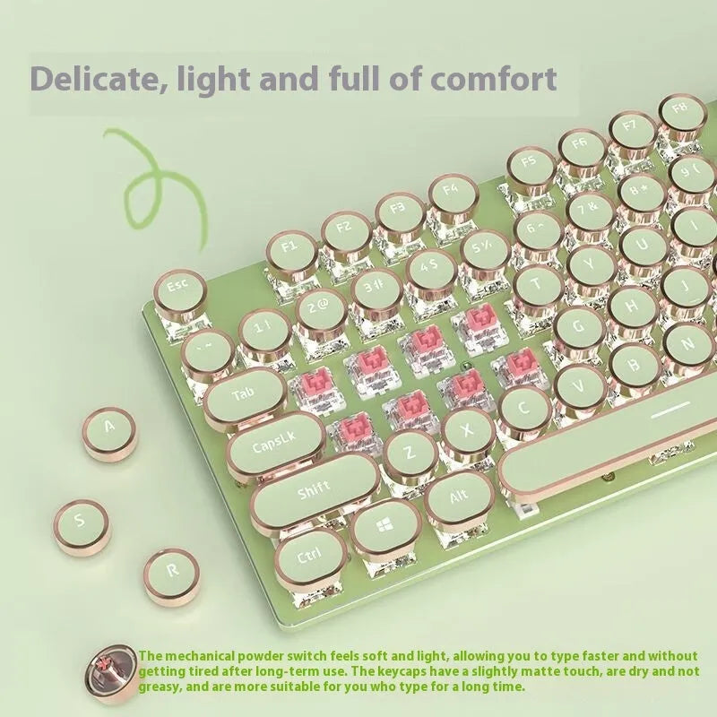 Mechanical gaming keyboard in matcha colour with aluminium alloy frame and white backlighting