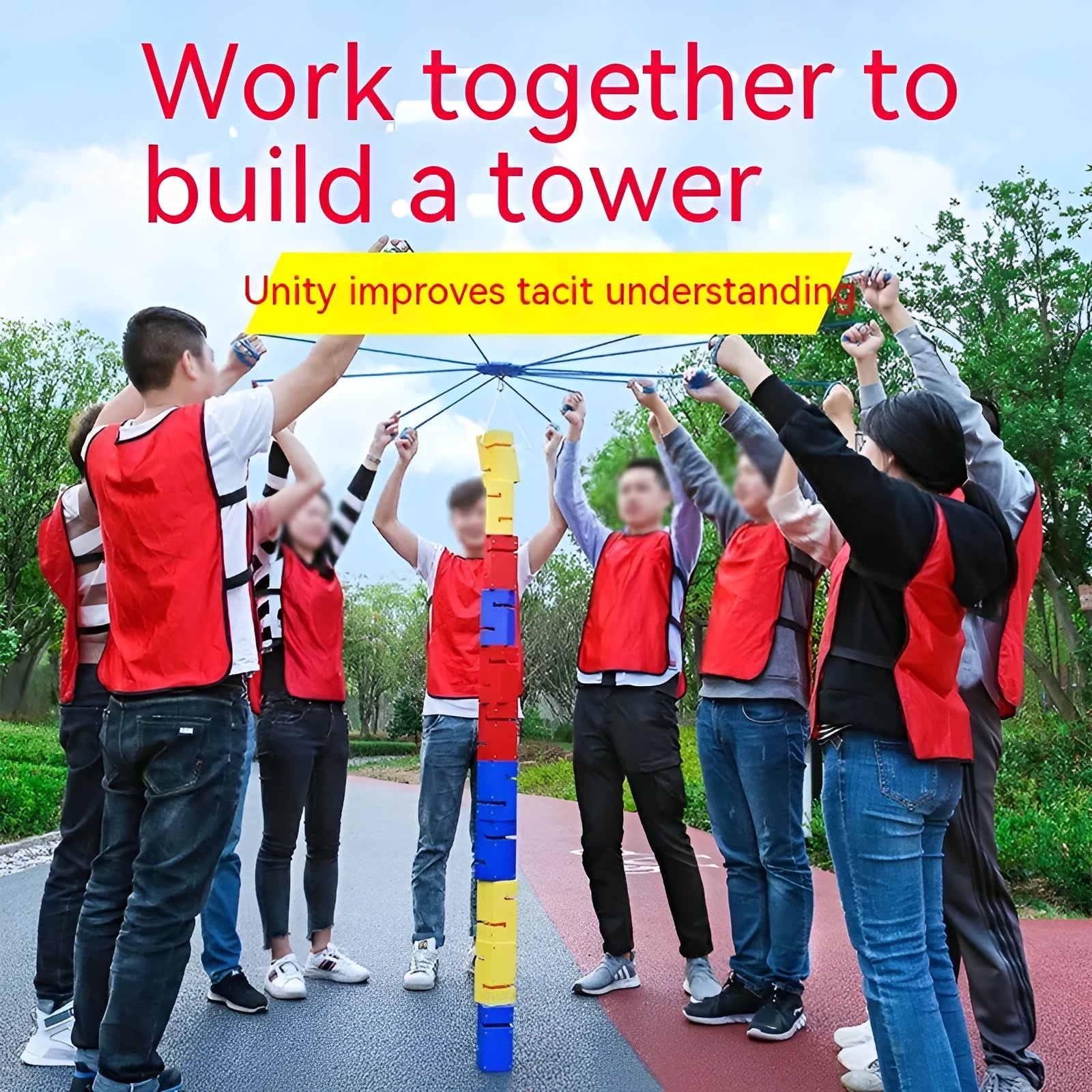 Outdoor team building tower block challenge set with pull ropes and ABS plastic components
