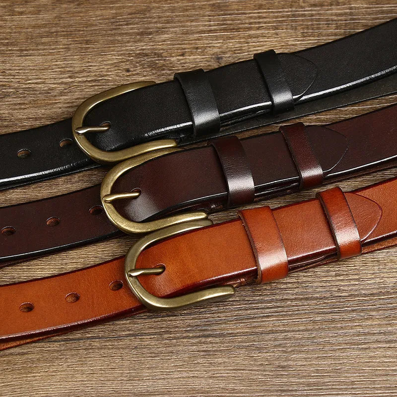 Men's genuine leather belt with 3.3cm wide copper buckle, handmade vegetable tanned, available in black brown khaki and red brown