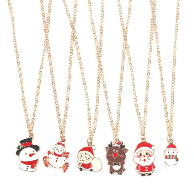 Christmas necklace with cartoon Santa Claus, snowman, or elk alloy pendant on a gold chain.