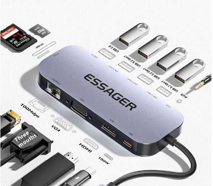 11-in-1 USB-C expansion docking station with Gigabit Ethernet port and a 20cm attached cable.