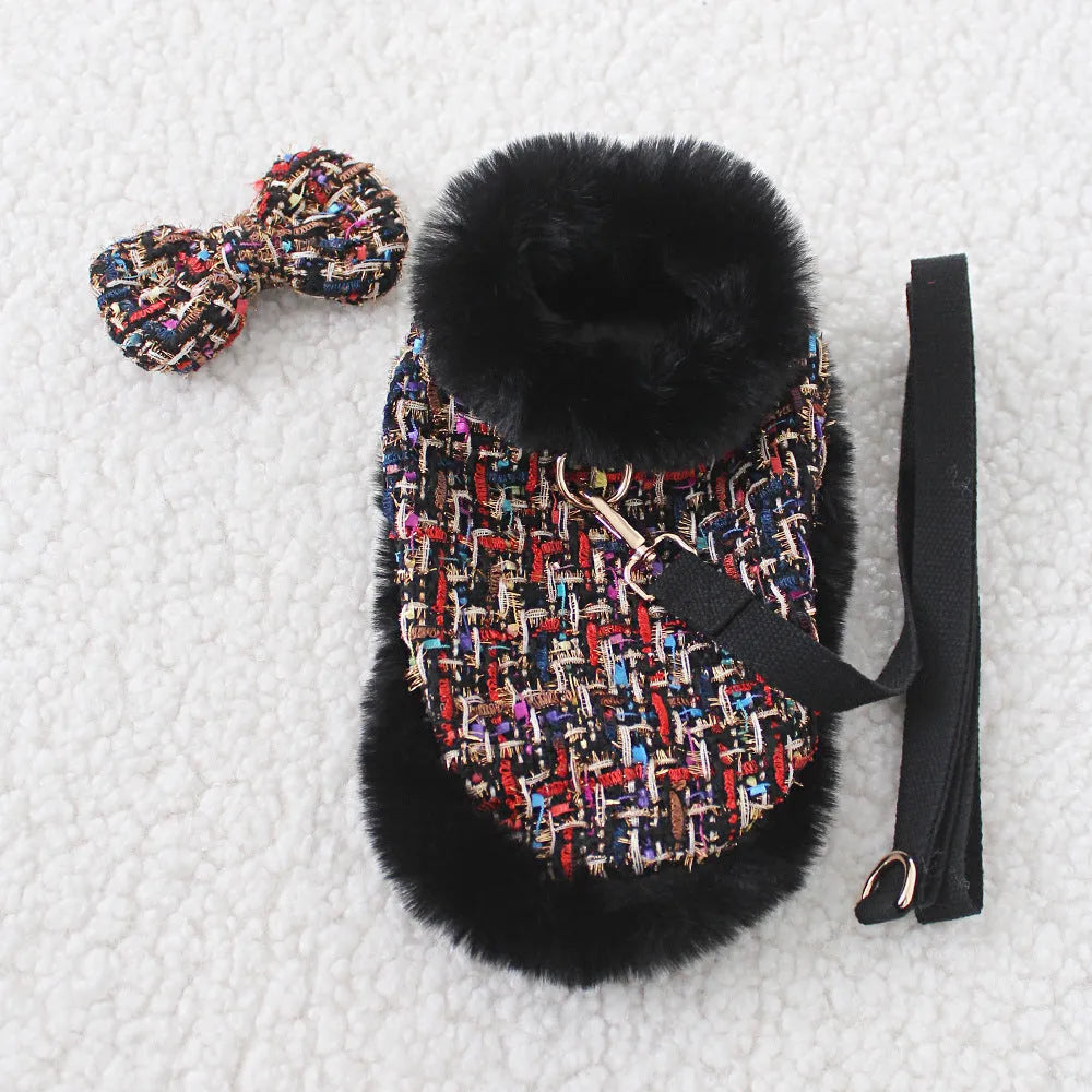 Classic dog walking cloak set with chest strap harness and hand holding rope leash in multiple styles