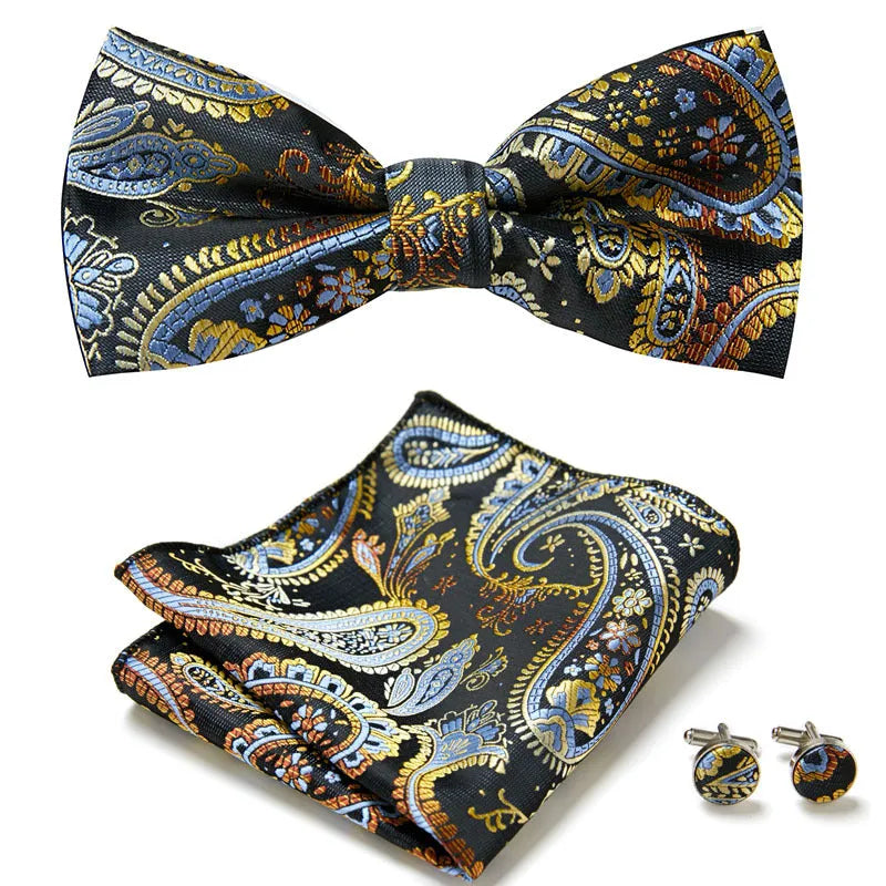 Floral Bow Tie Set of Three Pieces Polyester Yarn Hand-Sewn 12cm by 6cm Bow Tie with Matching Pocket Square 25x25cm and Cufflinks 1.5cm for Men's Formal Wedding and Party Accessories Multistyle Options