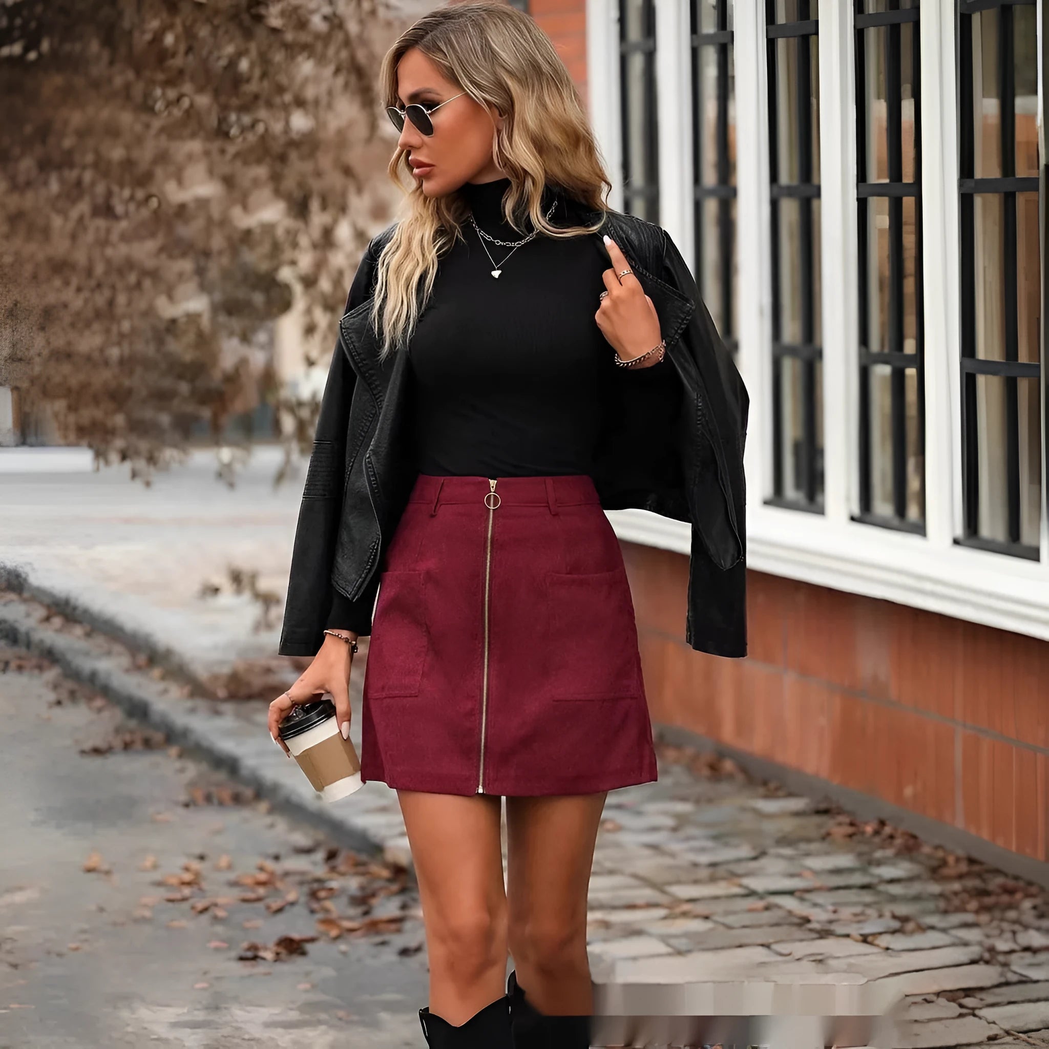 Women's high-waist short skirt in polyester with front stitching and zip, shown in black.