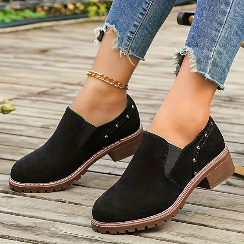Plus size women's suede ankle boots with elastic band and chunky rubber sole in light brown
