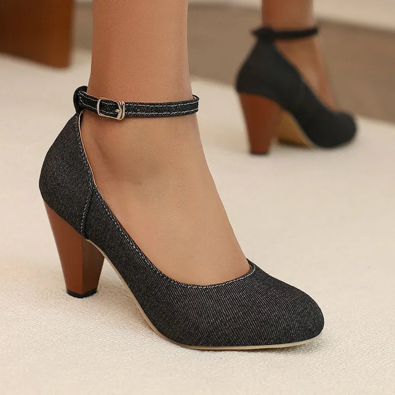 Women's blue denim platform high-heel boots with buckle fastening and chunky 6-8cm heel