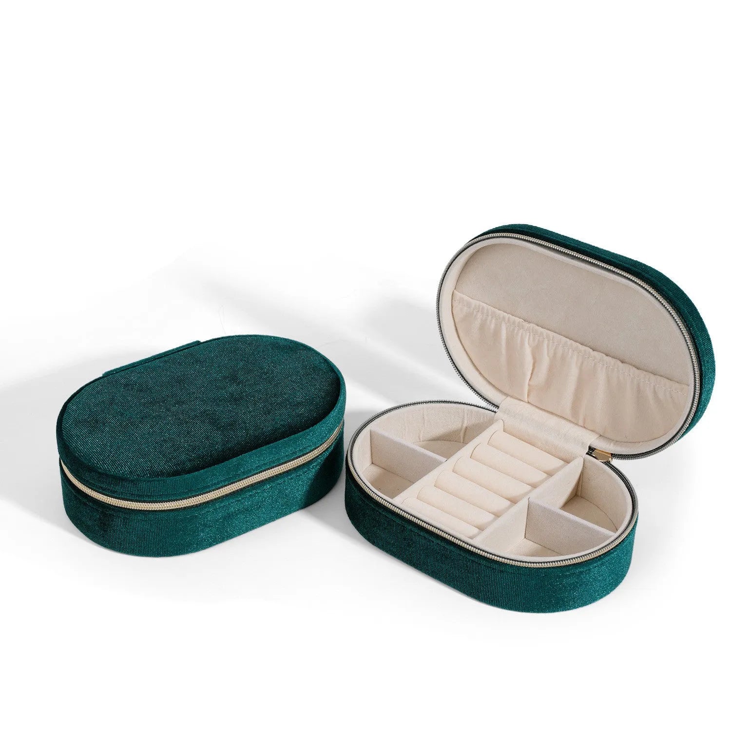 Korean style oval velvet jewellery box in multiple colours with flannel lining, shown with dimensions 15x10x5cm