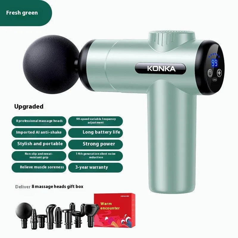 Konka electric mini massage gun with multiple massage head attachments on a gray background.
