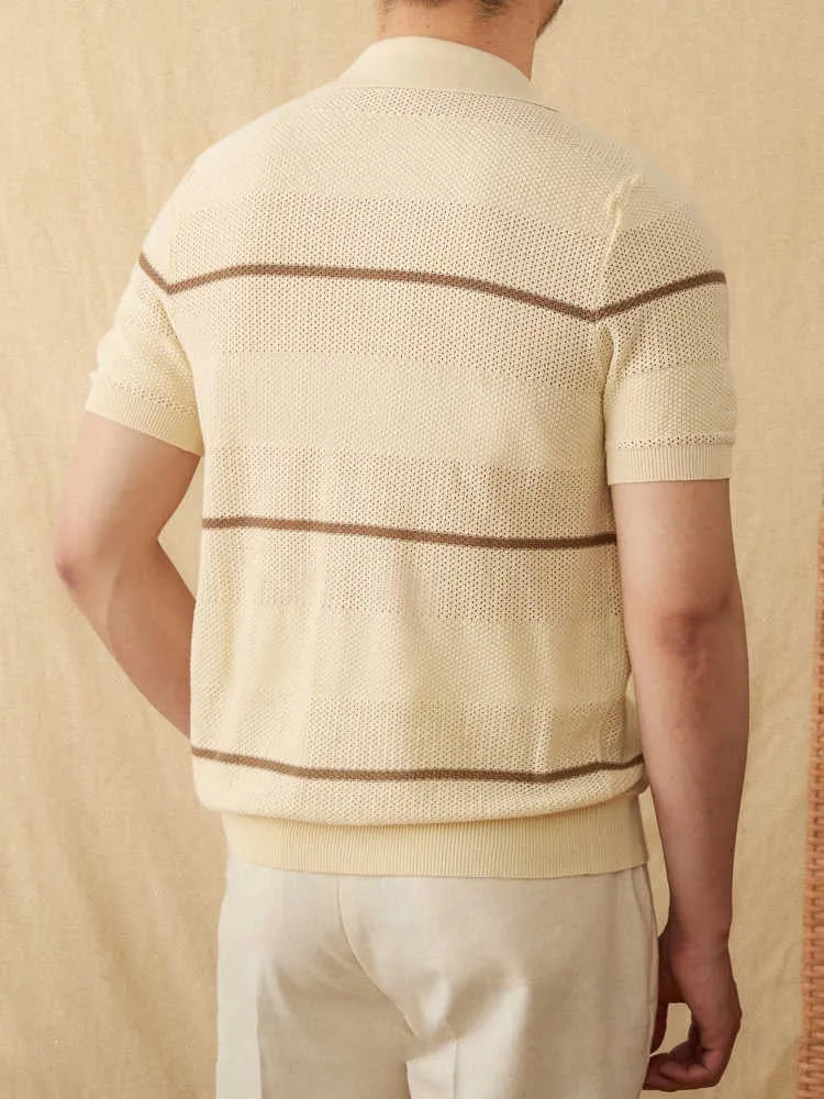 Man's camel coloured lapel cardigan with short sleeves, made from a cotton and linen blend fabric.