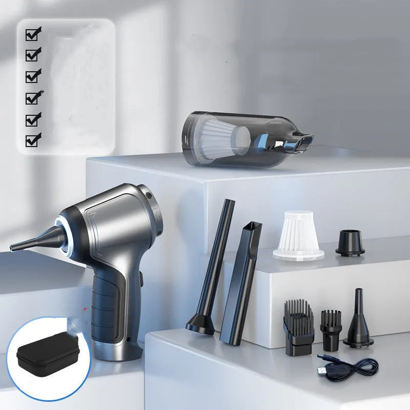 Handheld cordless vacuum cleaner unit for use in cars and homes, showing its portable design.