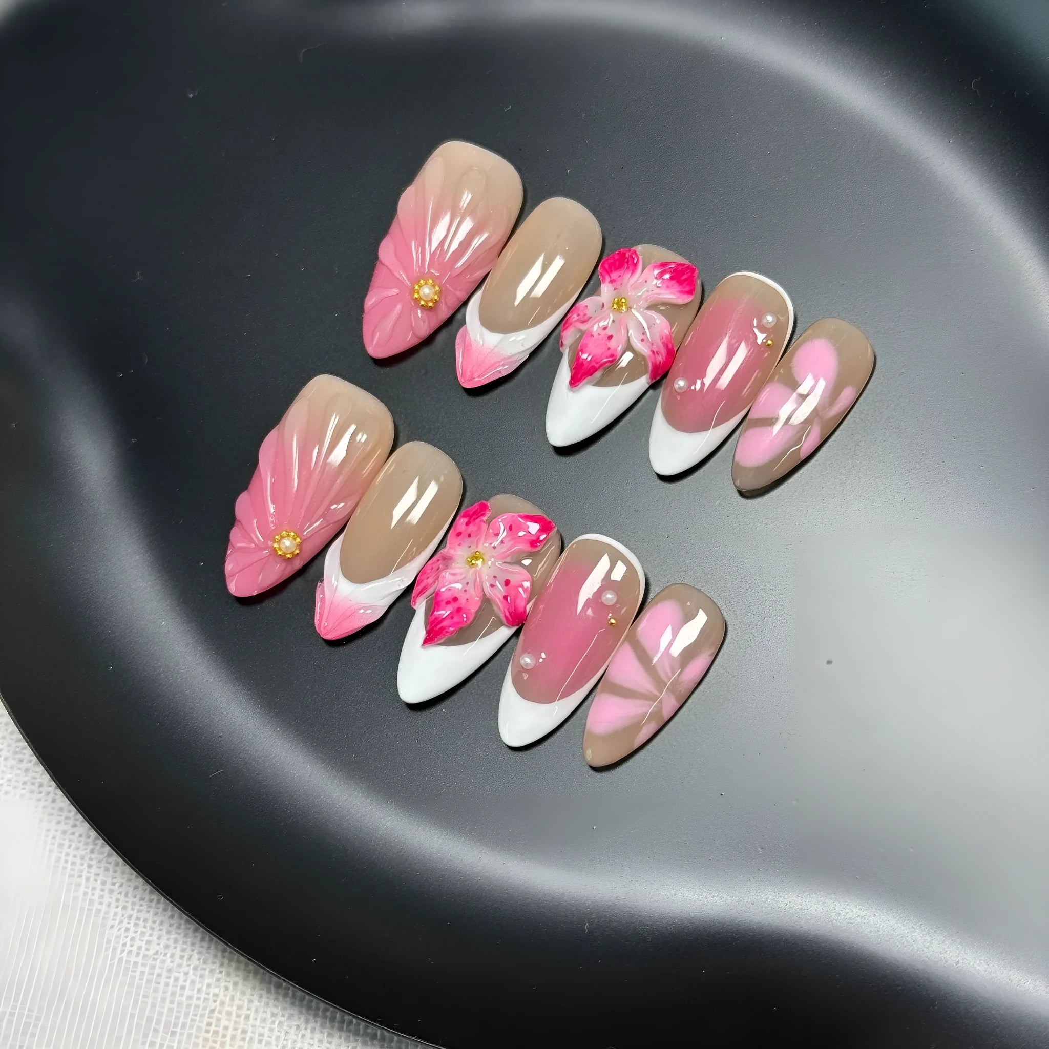 French style three-dimensional lily and ice flower manicure wraps in almond shape on plastic wearable armour