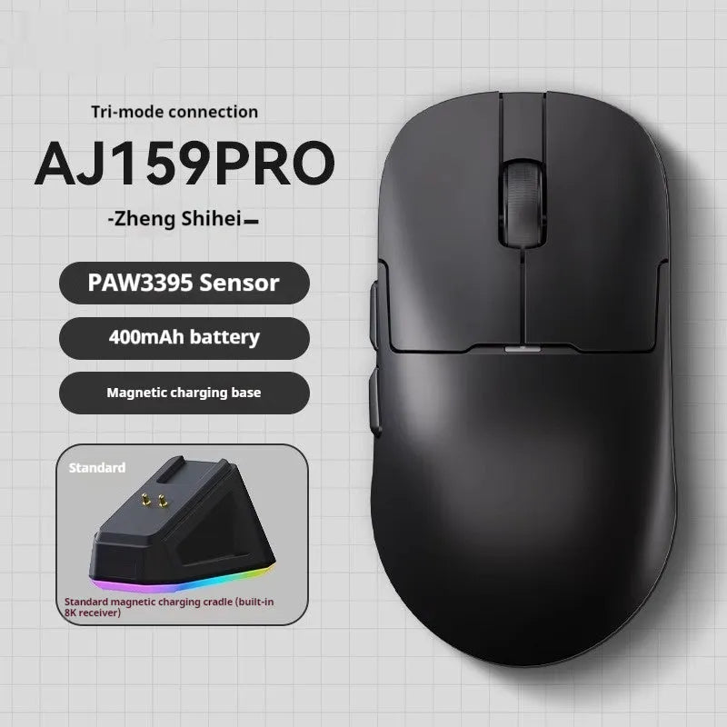 AJ159 gaming mouse in various colours showing compact design with Teflon feet.