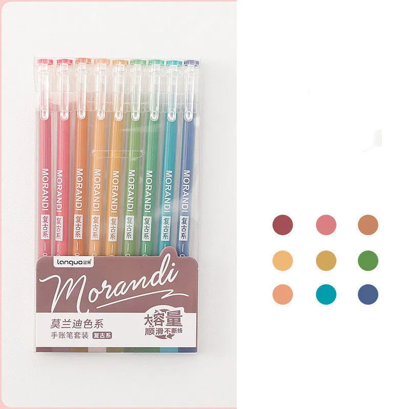 Set of nine solid colour gel pens with 0.5mm needle tips, packaged in a compact box.
