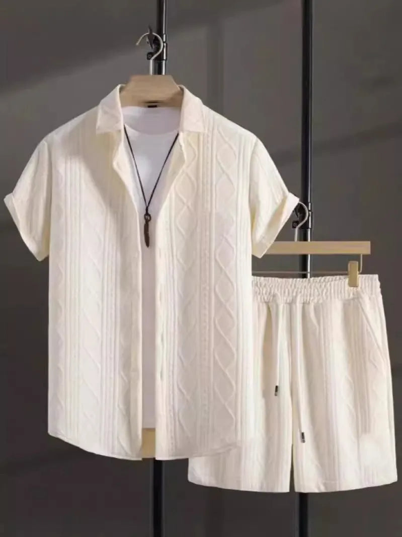Men's black and white jacquard short sleeve suit set with matching shorts on hanger