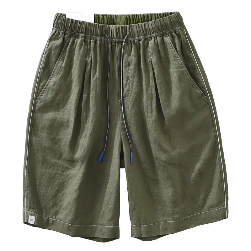 Men's loose straight linen shorts, mid waist drawstring, green or black, summer daily wear