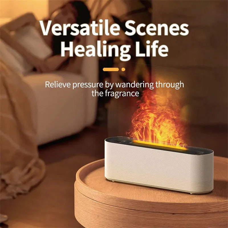 Black Flame Air ultrasonic humidifier diffuser with LED flame lights and mist output on a wooden table.