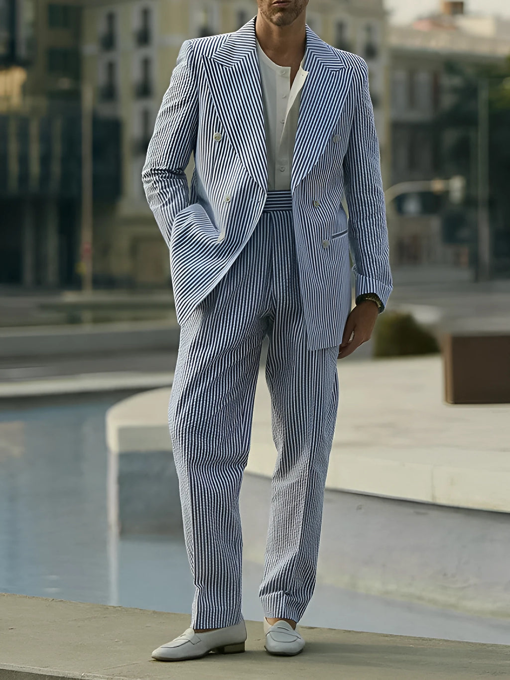 Blue and white striped polyester blazer and trousers suit set on a hanger