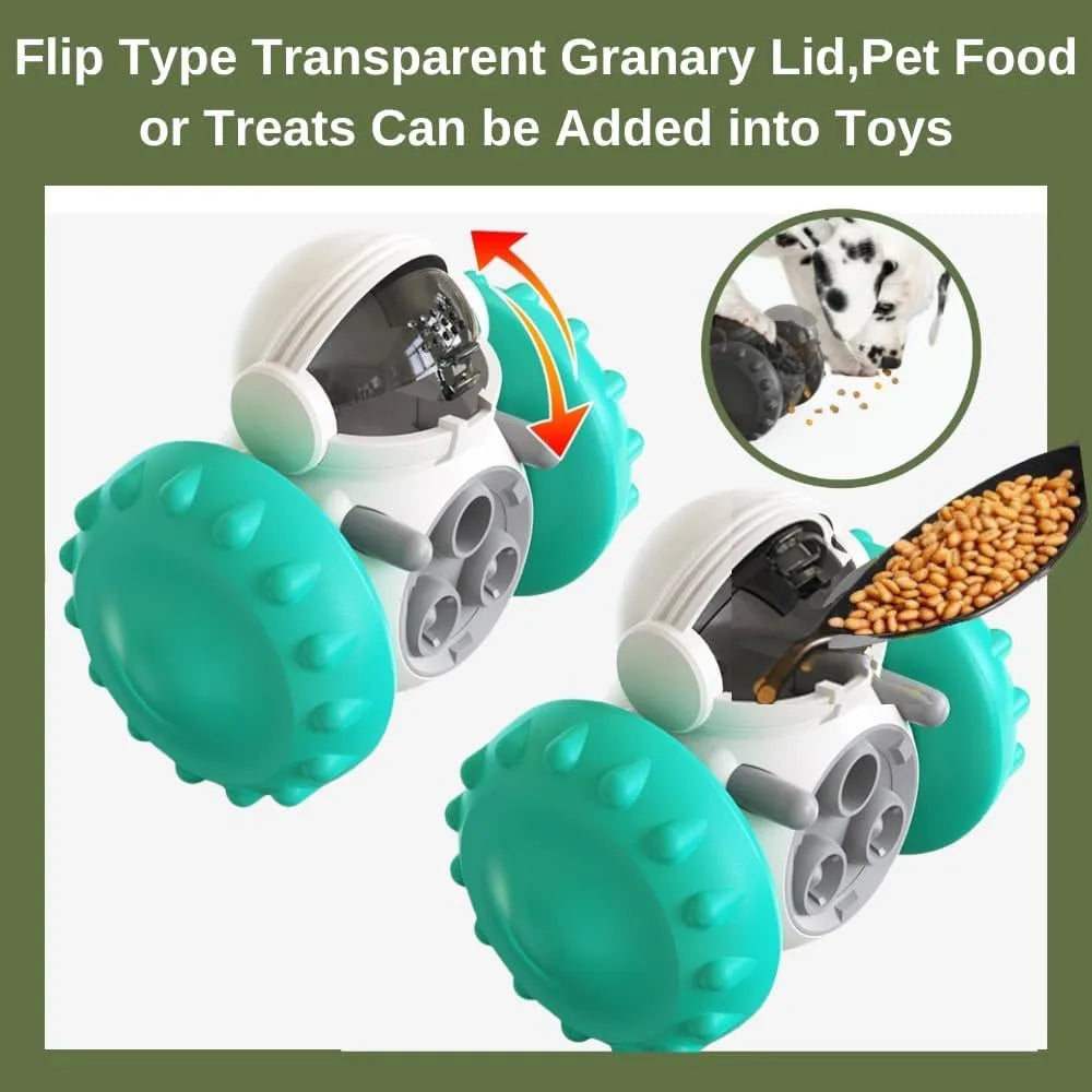 Robot-designed self-balancing dog treat dispenser toy for small pets showing dimensions