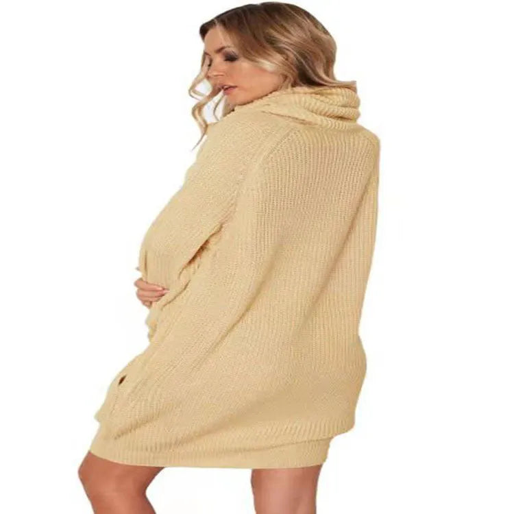 Women's lapel neck mid-length sweater with side pockets in loose slim fit available in yellow, black, and light apricot