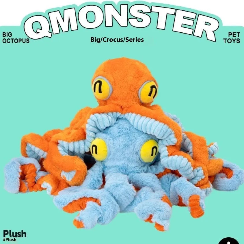 Plush octopus interactive dog pull toy for medium to large dogs, available in blue or orange, with pull-cord design for tug play.