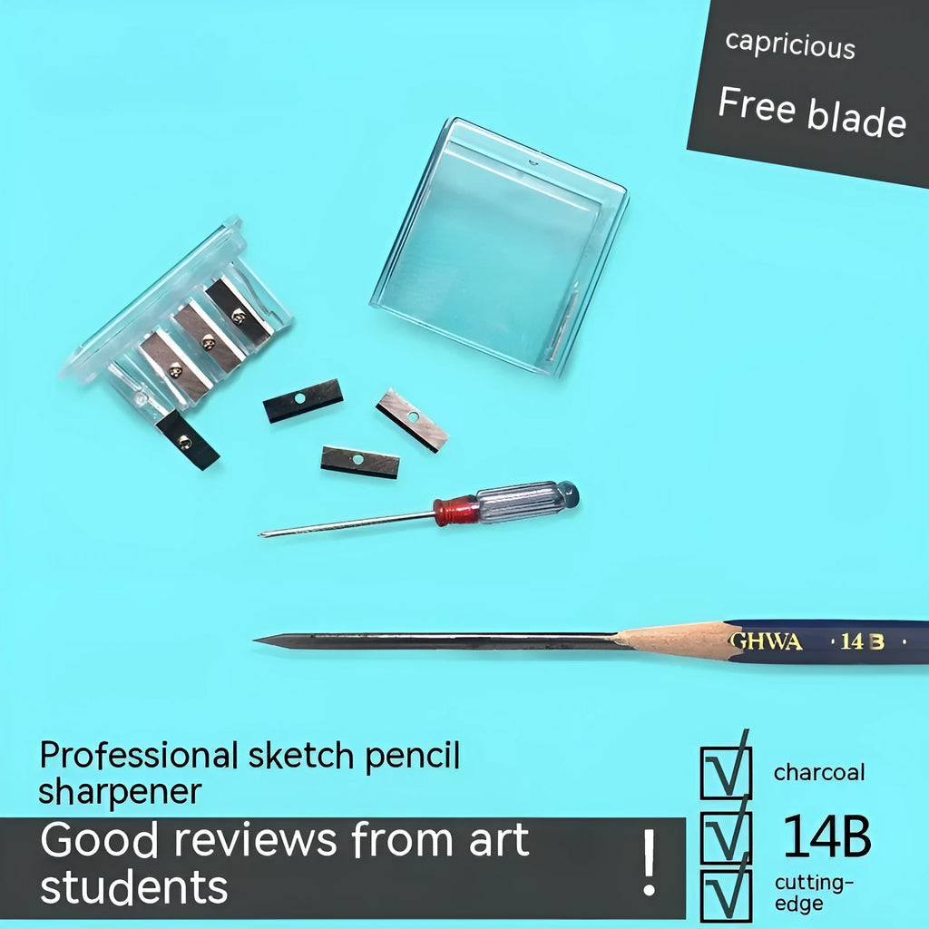 Geometric-shaped plastic pencil sharpener with four holes, four blades, and a screwdriver on a white background.
