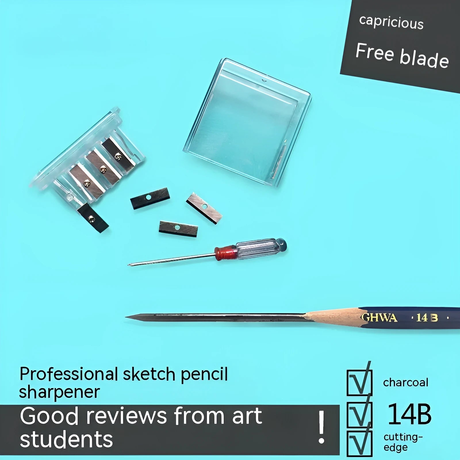 Geometric-shaped plastic pencil sharpener with four holes, four blades, and a screwdriver on a white background.