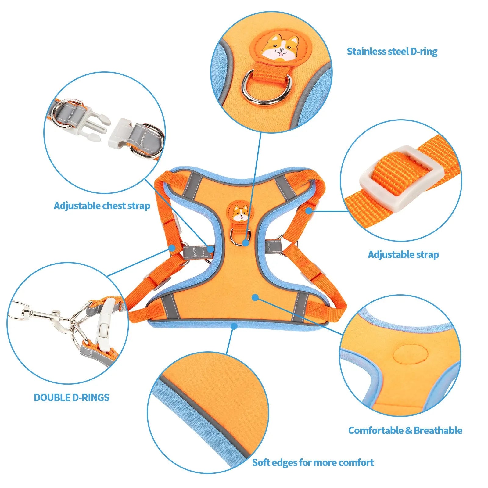 Adjustable dog vest harness with haulage rope lead in multiple colours showing chest strap attachment