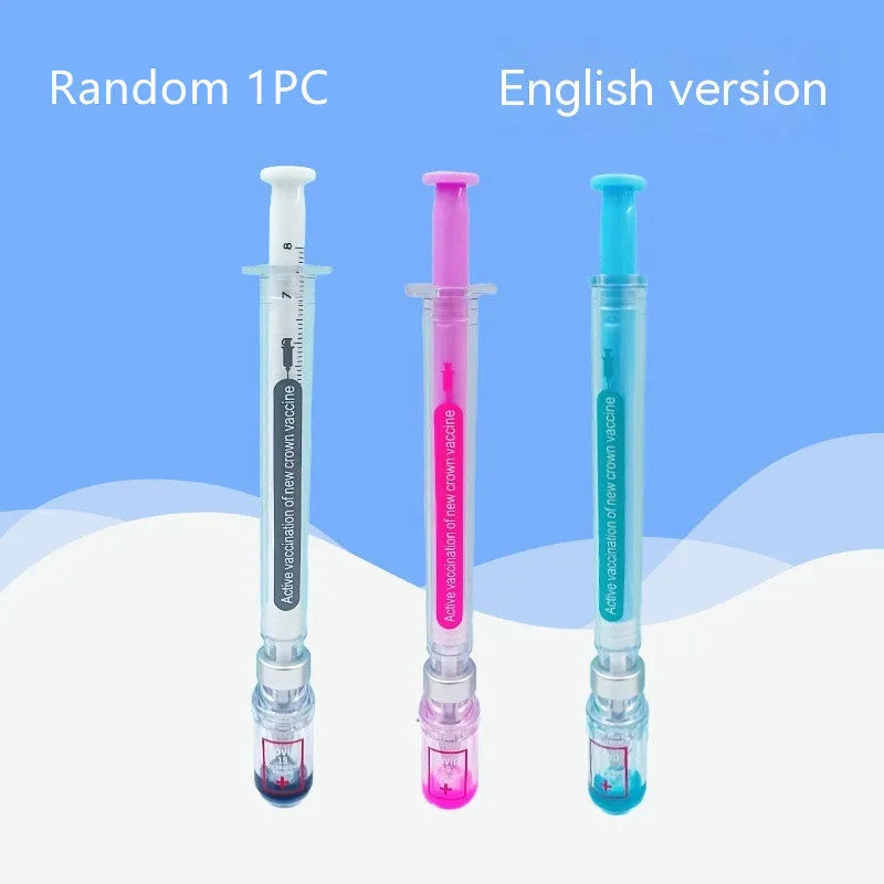Vaccine design novelty gel pen with plastic construction and black 0.5mm refill