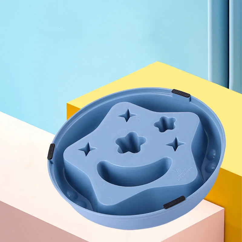 Moon Star Wings design large blue slow feeder dog bowl with raised centre on a white background