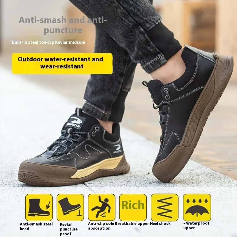 Men's Flyknit style leather work shoes with a rubber sole, shown in black colour