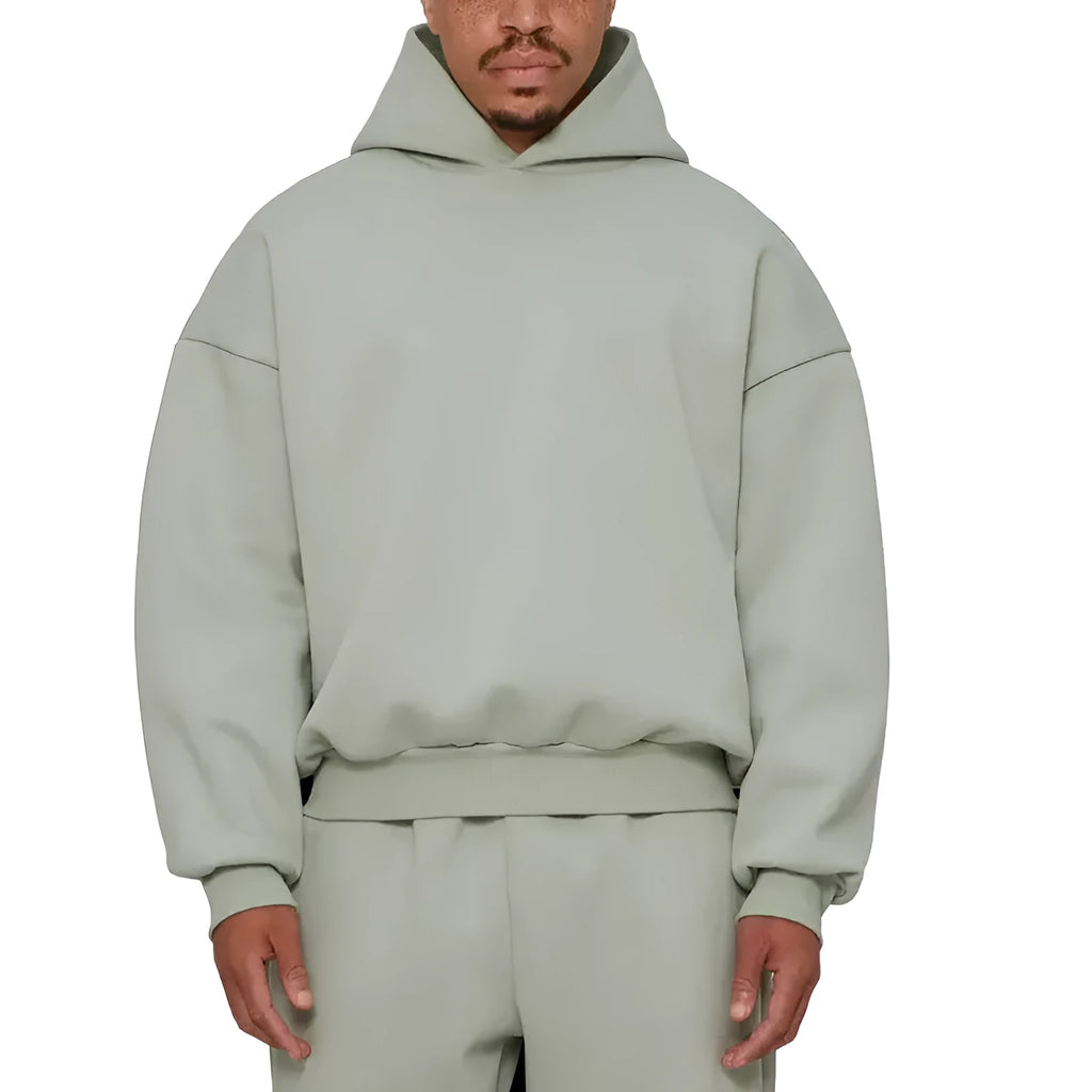Men's grey fleece-lined cotton pullover sweatshirt hoodie with threaded long sleeves