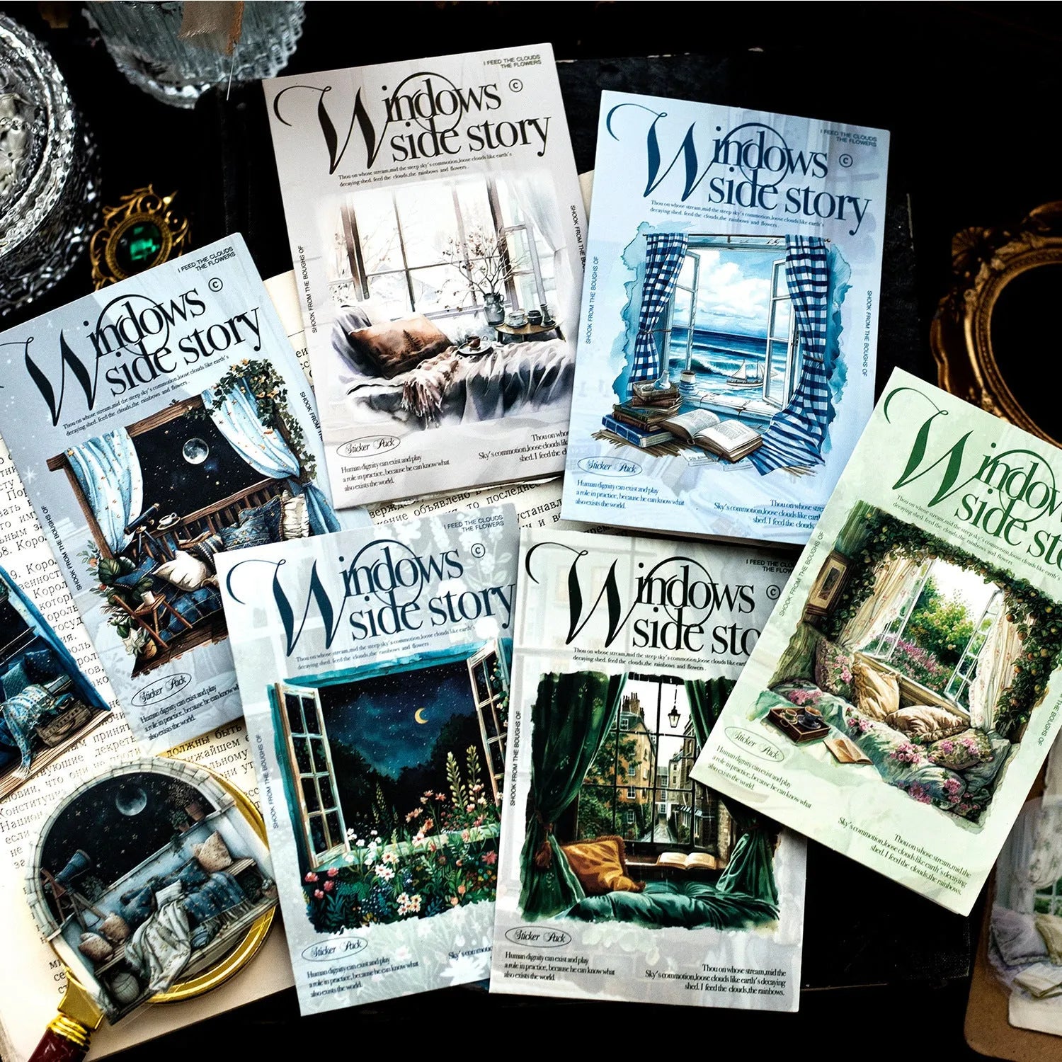 Window Story Series journal decorative stickers set showing six retro-style printed designs with scenic window themes