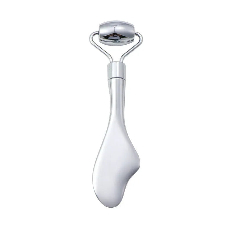 Stainless steel heart-shaped facial eye roller and double-headed massage scraping board set.
