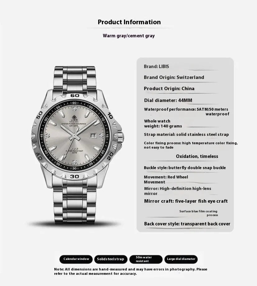 Men's silver stainless steel waterproof watch with luminous hands and sapphire crystal