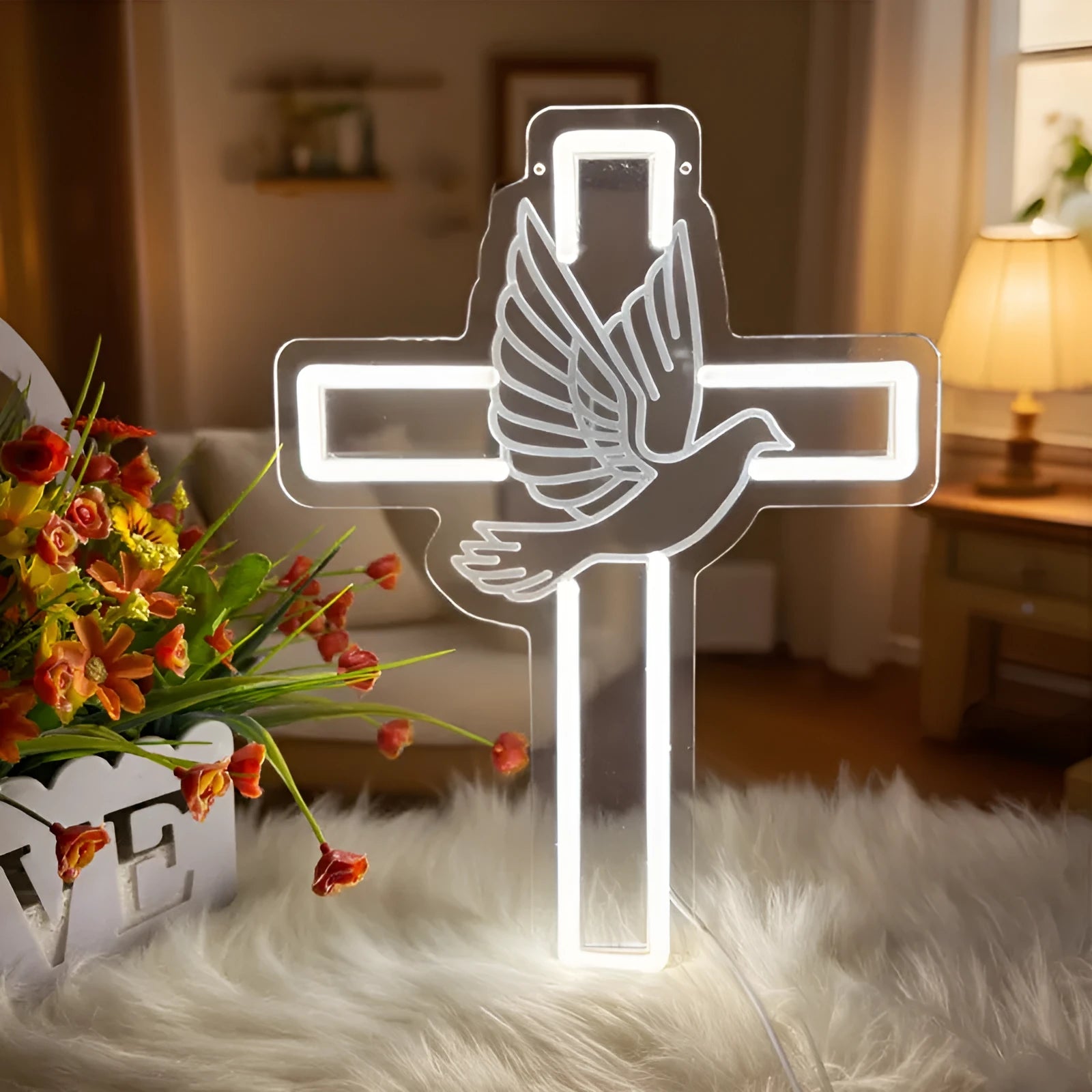 LED neon light peace dove cross acrylic plate white illumination hanging on wall