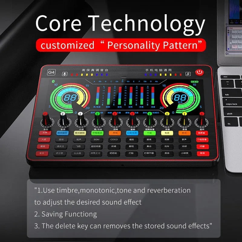 G4 professional sound card set with LCD screen, microphone, remote control, and cables on a desk.
